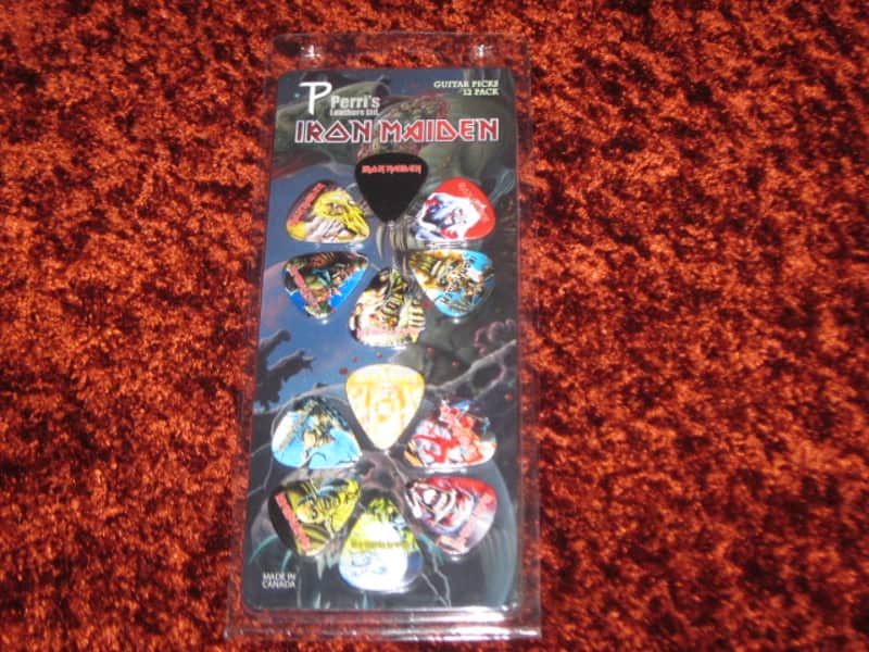 new in package (old stock) A+ Perri's Leather Ltd. / Perri's 12 Pack of Iron Maiden Guitar Picks - Med Gauge - Celluloid Plastic, 351 shape - but slightly curved (LP12-INM1) LP12INM1 image 1