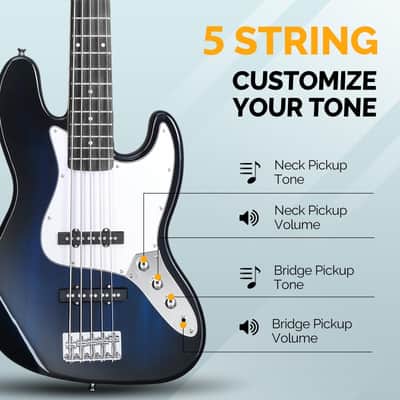 Glarry Blue Full Size 5 String GJazz Electric Bass Guitar image 2