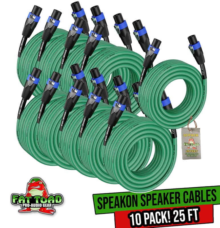 FAT TOAD 25ft PA Speakon Cables (Twist-LockPRO Series) 10 Pack – Green DJ Speaker Cords for Audio, Studio Recording, Stage Performance – 12 AWG Wires image 1