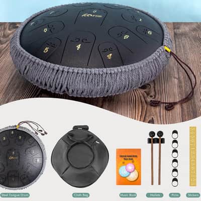 Steel Tongue Drum, Horse 14 Inch 15 Tones Tank Drum C Key Percussion Steel Drum Kit with Drum Mallets Note Stickers Finger Picks Mallet Bracket and Gig Bag(14 Inch 15 Tones Grey) image 2