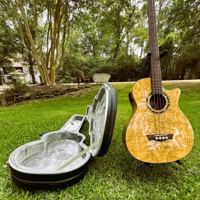 Dean Exotica Quilt Ash Acoustic/Electric Bass Guitar - Gloss Natural - with Road Runner Hardshell case image 4