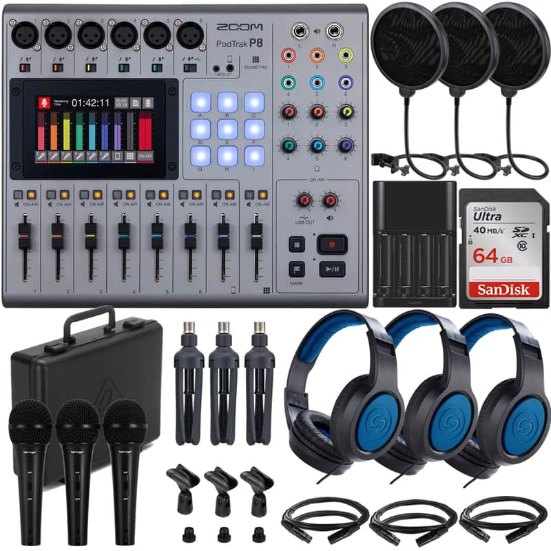 Zoom PodTrak P8 Portable Multitrack Podcast Recorder + Behringer XM1800S Microphone (3-pack) + 3x Samson SR350 Over-Ear Stereo Headphones + Microphone Pop Filter + 3x 8mm XLR Microphone Cable + 3x TableTop Tripod + Rechargeable Battery & Charger image 1