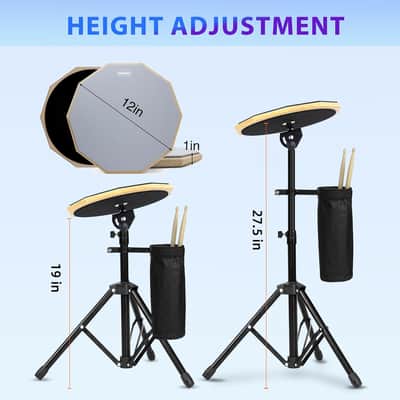 12" Double-Sided Practice Drum Pad Kit with Stand, Drumsticks & Carry Bag – Silent Snare Practice Pad for Beginners image 2