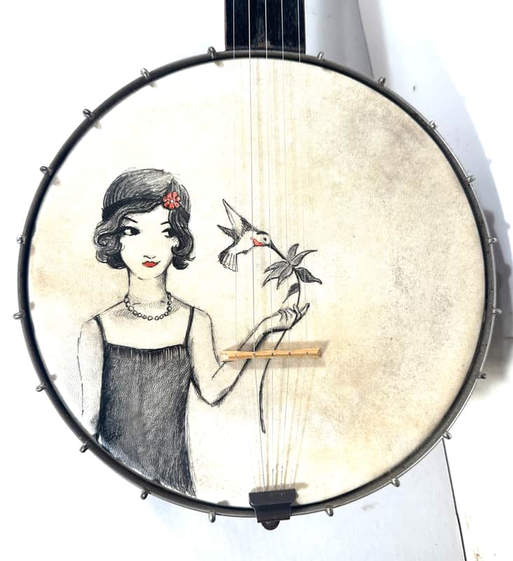 Old 5 string banjo with a painted head The Flapper and the Hummingbird 1930s - Wood and calf skin image 1