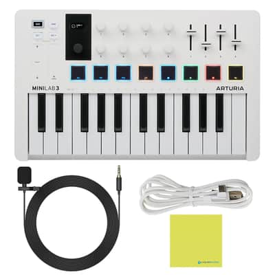 Arturia MiniLab 3 Mini Hybrid Keyboard Controller Bundle w/ Omni Lavalier Mic 3.5mm connector, USB Cable & Liquid Audio Polishing Cloth