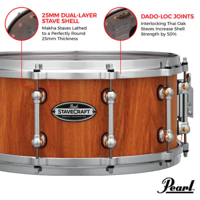Pearl StaveCraft 14"x6.5" Maximum Volume Snare Drum with 20mm Makha shell, Thai Oak DadoLoc and MasterCast Die-Cast Hoops in Hand-Rubbed Natural Satin Finish image 3