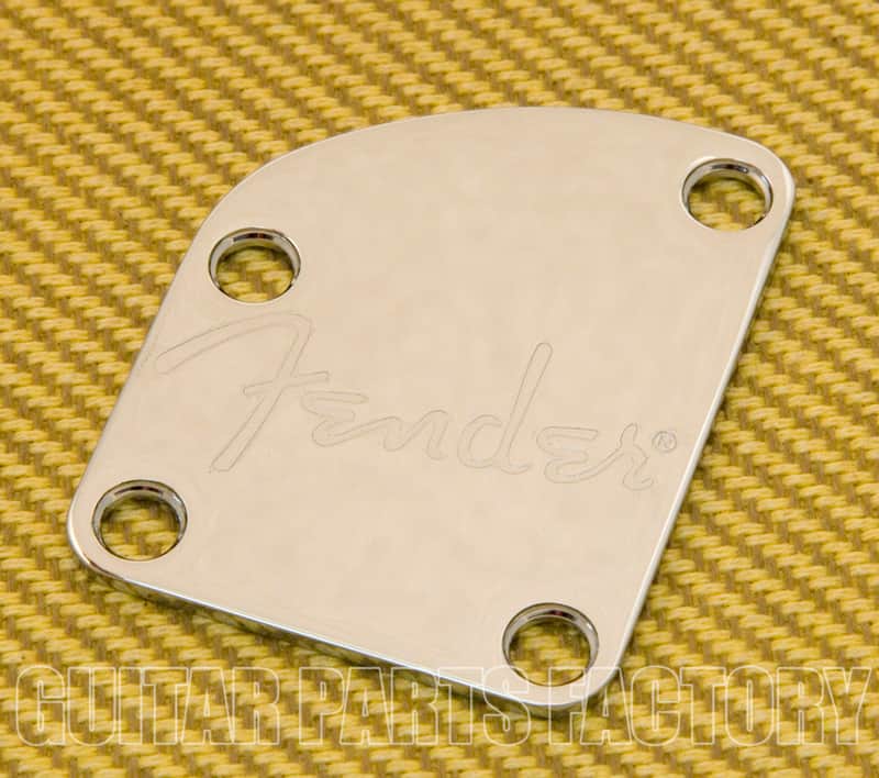 770-8383-000 Fender Guitar Strat/Tele Deluxe Chrome Neck Plate w/ Spaghetti Logo image 1