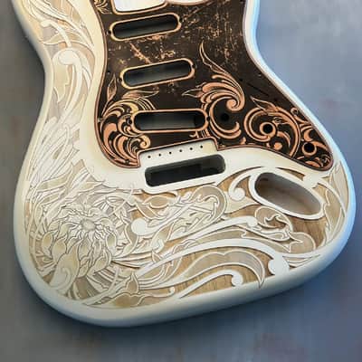 White Fender Strat Guitar Body Custom Laser Engraved Copper Mirror Pickguard with Tremolo Cover HSH, HSS, SSS Setup Available image 7