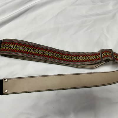 VINTAGE Retro Style Red, Yellow, Green, and Orange pattern 2" STRAP for GUITAR Cotton/Leather Metal Buckle image 1