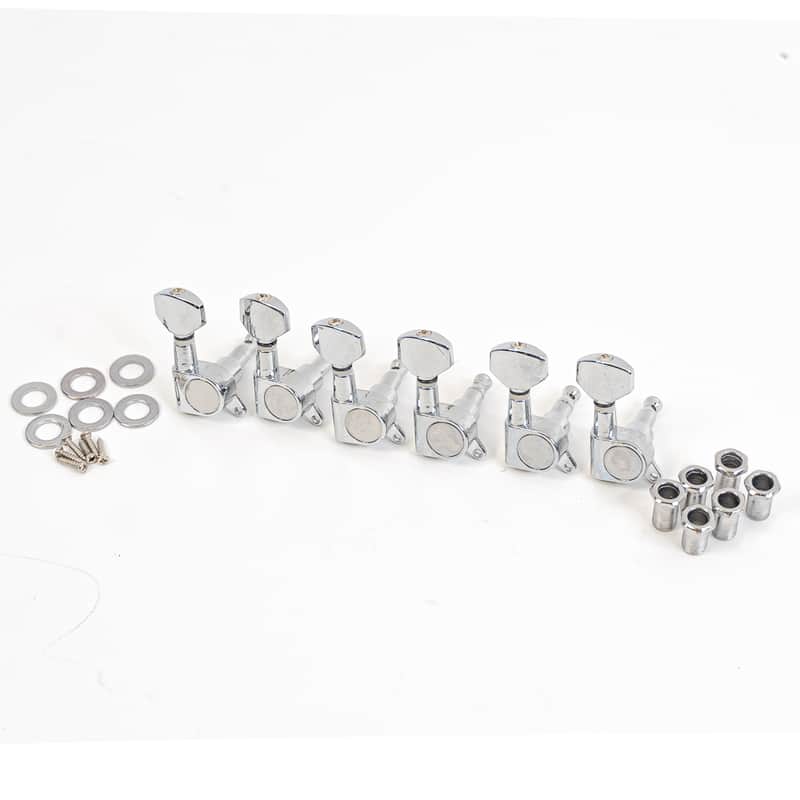 Set of 6-In-Line Guitar Tuning Machines Chrome w/ 1:13 Ratio, Mounting Hardware image 1