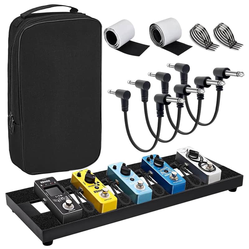 Small Guitar Pedal Board, 15X5.7X1.18", Aluminum Alloy Black Effects Mini Pedal Board With 4 Pcs 6 Inch Guitar Pedal Cable, Carrying Bag, Adhesive Hookside Tape image 1