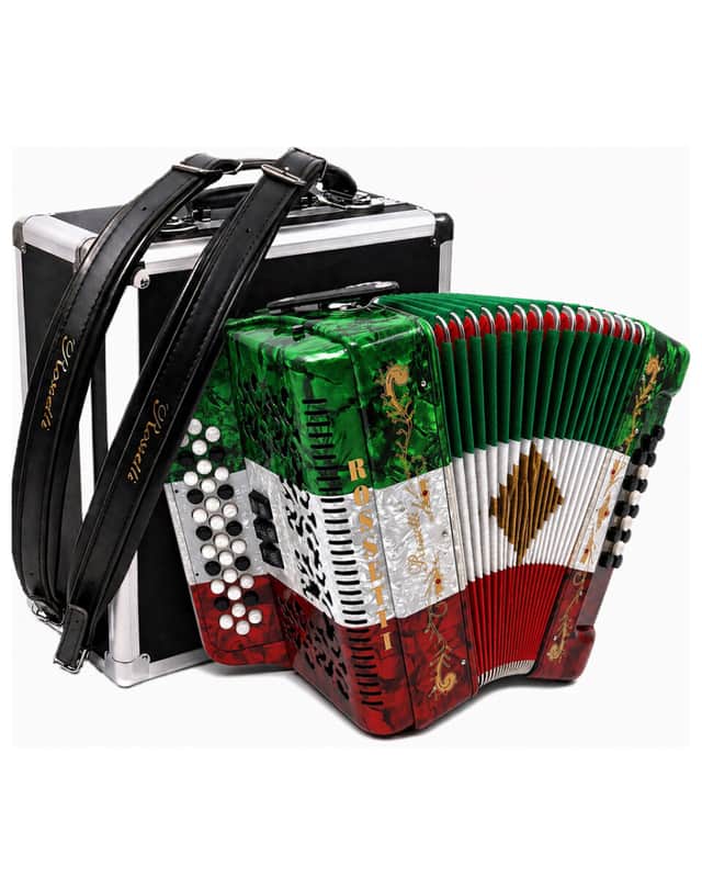 Rossetti 3412-FBE-RWG 3 Row, 3-Switch, 34 Treble, 12 Bass Diatonic Button Accordion in Red/White/Green - F, B, E Tuning image 1