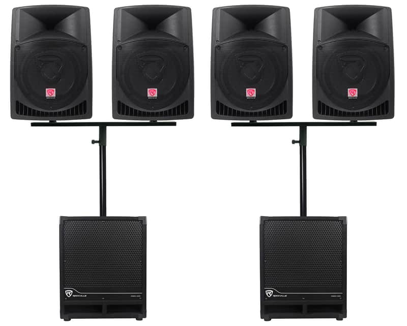 (4) Rockville RPG12 12" Active DJ PA Speakers+Mounts+(2) 12" Powered Subwoofers image 1