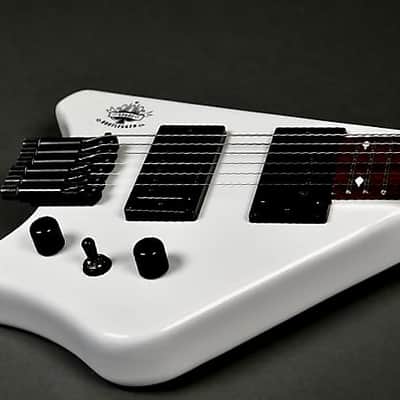 BootLegger Guitar Spade White Headless With Stiletto  Case and Flask image 11