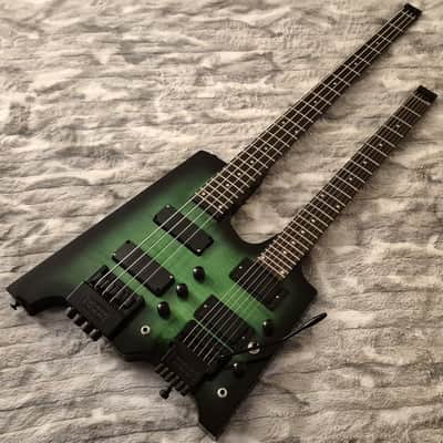 Overlord of Music Double Neck Headless Bass and Electric Guitar - 2020s - Green Burst image 2