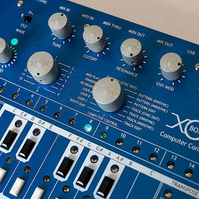 Custom x0xb0x by Andy Pledger. Blue metal with green LEDs. TB-303 style analog synthesizer sequencer image 4