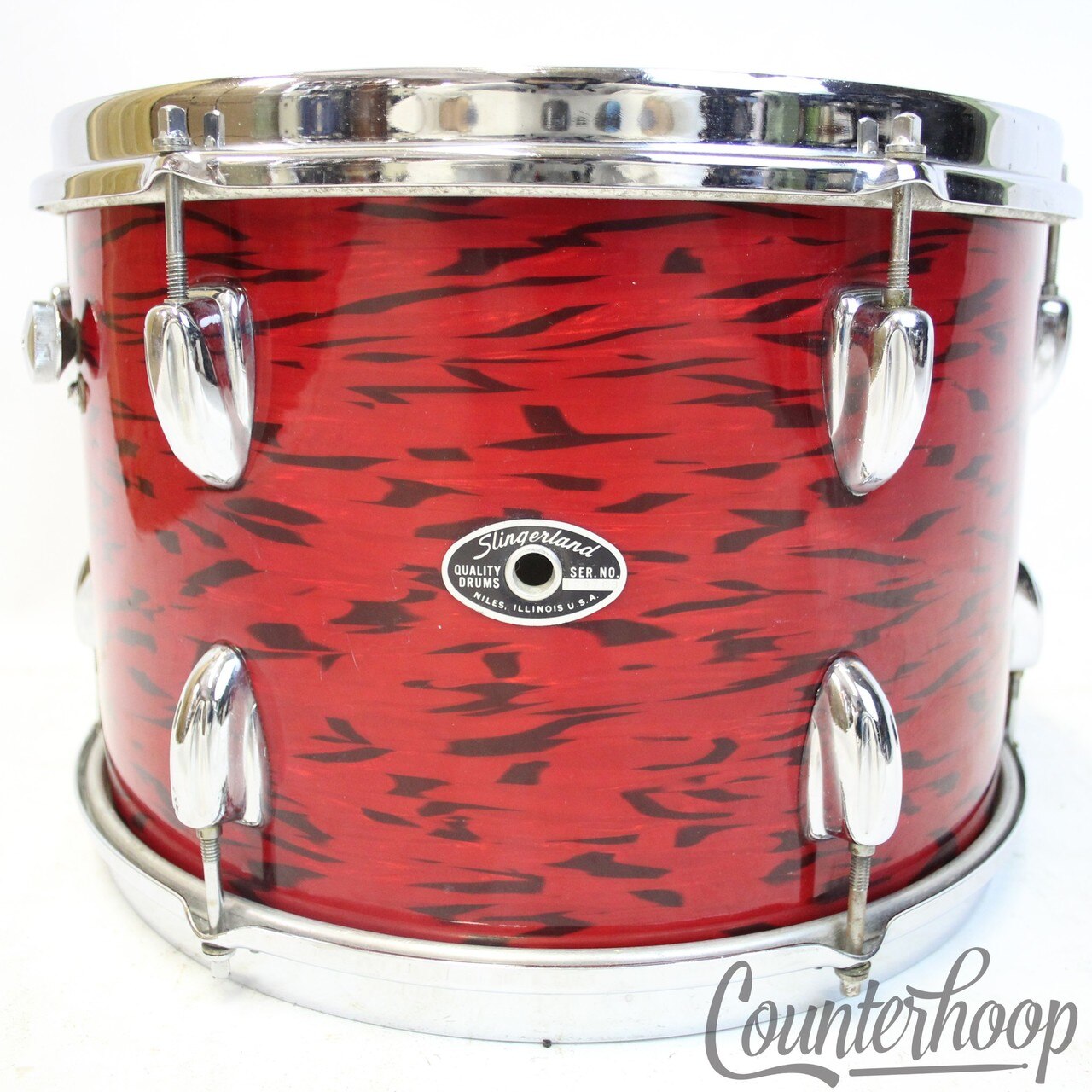 Slingerland 13x9"Red Tiger Pearl Tom Drum 70s Chrome Sound King Stick-Saver Rims — main photograph