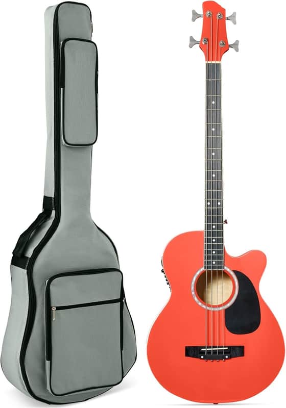 Acoustic Electric Bass Guitar, Full Size 4 String, Fretted Bass Guitar w/Padded Gig Bag - Red image 1