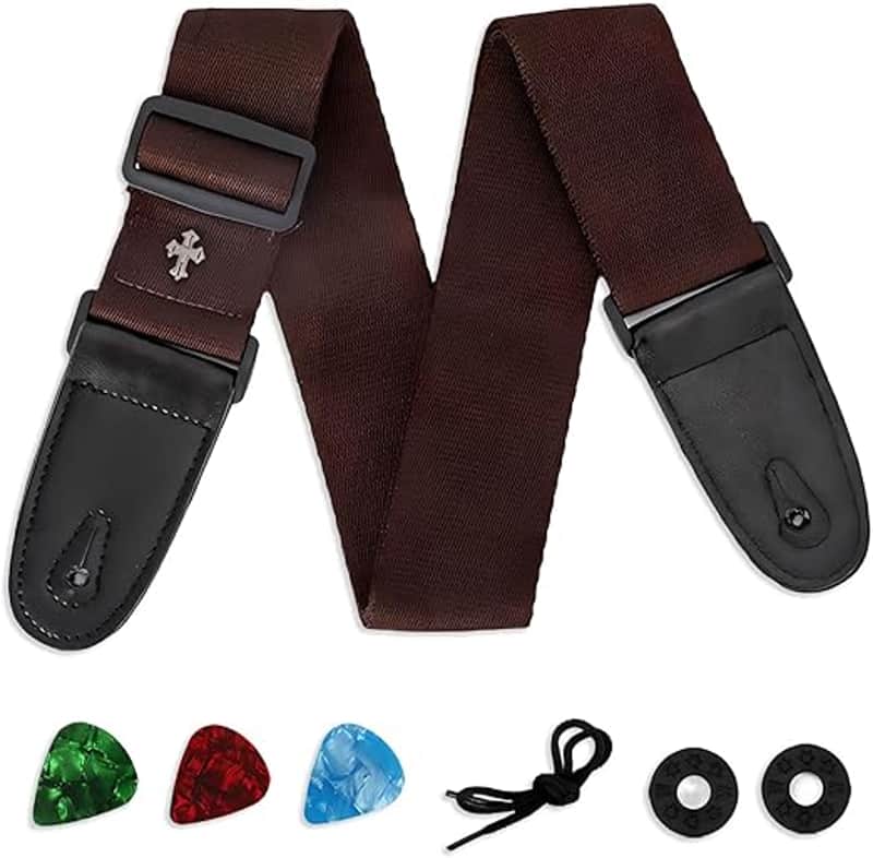 Guitar Strap with Pick Pocket,3 Guitar Picks and 2 Strap Locks for Bass,Electric,Acoustic Guitar(Brown) image 1
