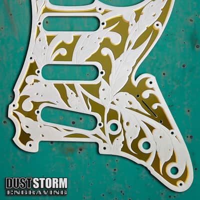Engraved Layered Pickguard & Free Tremolo Cover in Gold Mirror Glossy White Acrylic Design #3 for Fender Stratocaster HSH, HSS, SSS Setups image 2