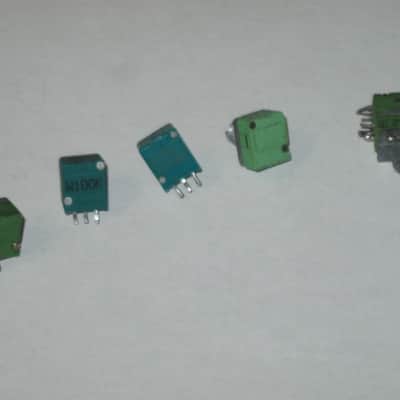 FIVE broken (for parts - AS IS/ FINAL SALE) Boss / Alpha & Alps  potentiometers (various values) 1990s - 2010s - 3 green, 2 teal, 4 are square, 1 is rectangle (stacked) values are in the description (NO: pedals/other items) image 4