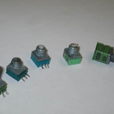 FIVE broken (for parts - AS IS/ FINAL SALE) Boss / Alpha & Alps  potentiometers (various values) 1990s - 2010s - 3 green, 2 teal, 4 are square, 1 is rectangle (stacked) values are in the description (NO: pedals/other items) image 2