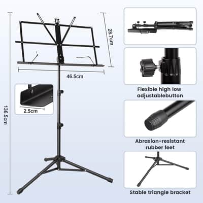 Music Stand for Sheet Foldable with Carrying Bag, Metal Sheet Music Stand Portable, Adjustable Podium Stand with Tripod Base and Sheet Music Folder - Black image 2