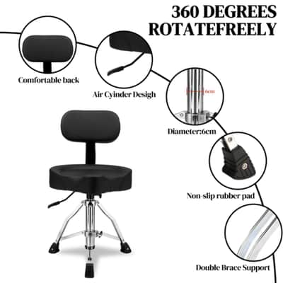 Hydraulic Drum Throne Stool w/ Backrest – Adjustable Height, 360° Swivel, Thick Saddle Seat, Heavy Duty Drummer Seat image 8