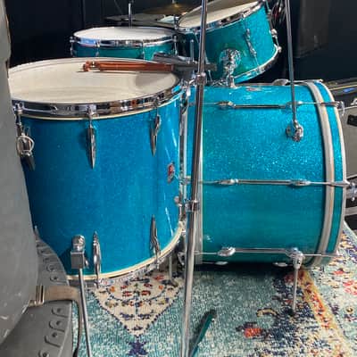 Premier 4-Piece Drum Set, 22", 16", 12" and 14x5.5" Matching Snare Drum, Hardware and Cases, All Original!! 1966 - Aquamarine Sparkle image 11