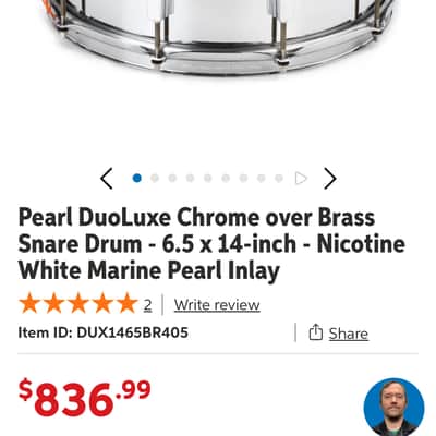 Pearl DUX1465BR Duoluxe 14x6.5" Chrome Over Brass Snare Drum 2021 - Present - Nicotine White Marine Pearl Inlay image 12