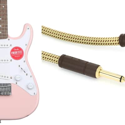 Squier Mini Strat Electric Guitar- Shell Pink with Laurel Fingerboard  Bundle with Fender 0990820086 Deluxe Series Straight to Right Angle Instrument Cable - 15 foot Tweed image 1