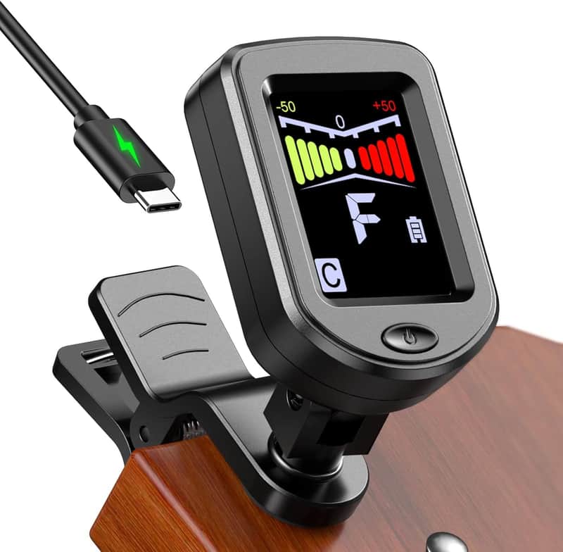 Clip-On Guitar Tuner Rechargeable with Color Screen 360° Rotatable Chromatic Tuner for Guitar, Bass, Ukulele, Violin (Black, 1 Pack) image 1