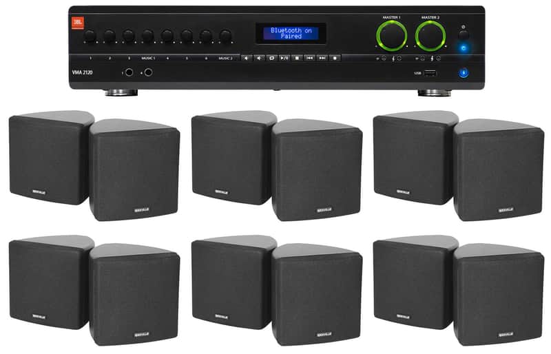 JBL 2-Channel Amplifier+(12) 3.5" Black Cube Speakers for Restaurant/Bar/Cafe image 1