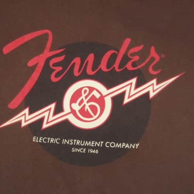pre-owned genuine Fender Lightning Bolt Logo Short Sleeve, Cotton T-Shirt, XL, Brown (sleeves cut shorter) PN: 9101008621, from 2010, GRAPHIC: Red, Creme, Dark Brown, Fender, Ligntning Bolt, Circles, musical symbols, Electric Instrument Company Since 1946 image 6