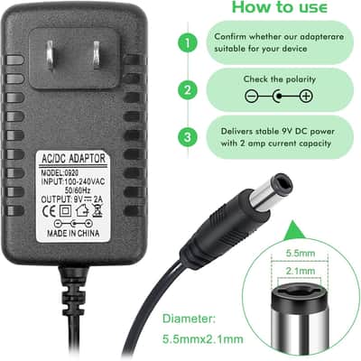 AC DC Power Supply Adapter Charger, 9V,2A, 110V AC, 5.5 x 2.1mm Center Positive, Compatible with Guitar Pedal, Piano Keyboard image 4