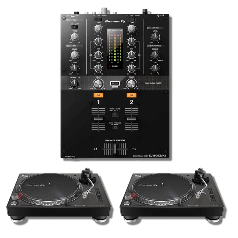 Pioneer DJ DJM-250MK2 2-channel DJ Mixer with Pioneer DJ PLX-500 Direct Drive Turntables (Pair) image 1