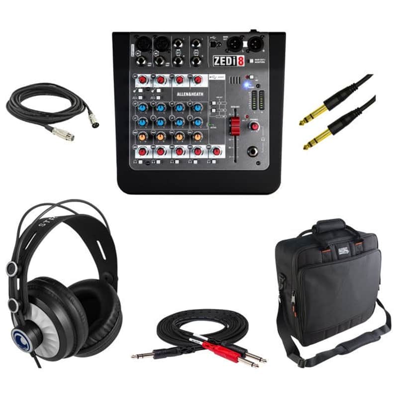 Allen & Heath ZEDi-8 8-Channel Mixer/USB Audio Interface with Gator Mixer Bag, StreamEye Cans50 Professional Studio Headphones and Essential Cables for Connecting to DJ Controllers and Mixers  image 1