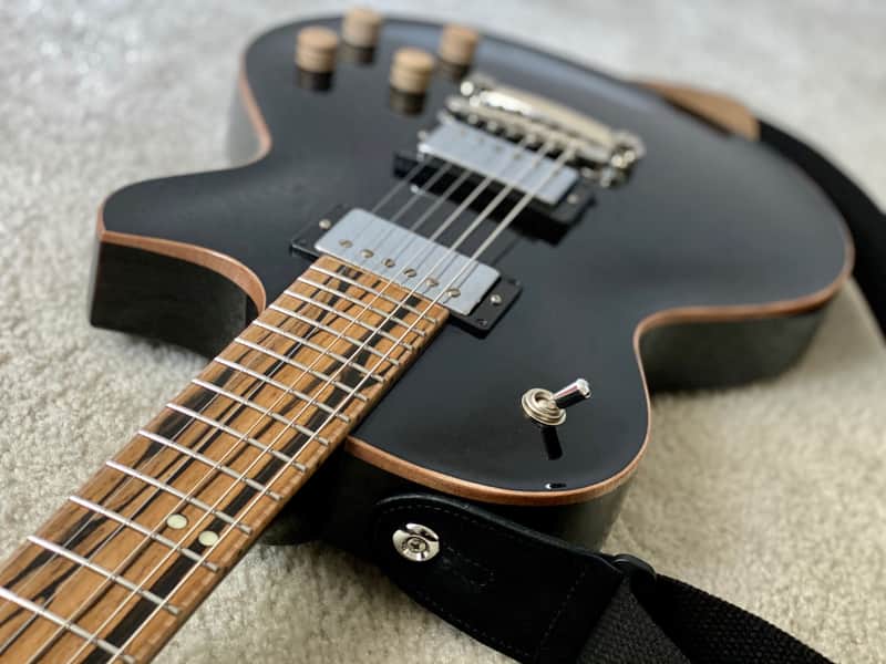 Forshage Single Cut Style - Piano Black with Pale Moon Ebony Board, Flame Maple Binding image 1