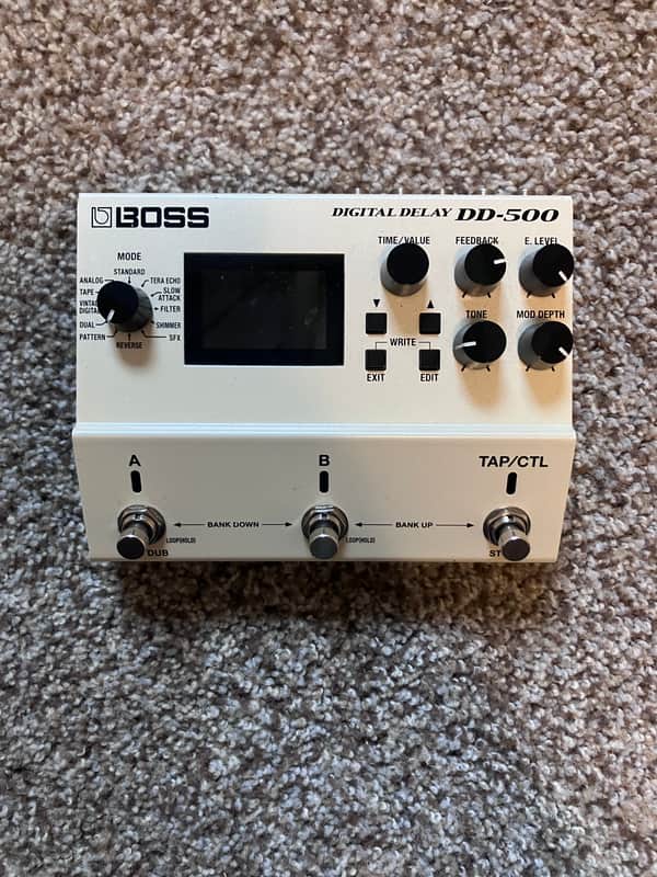 Boss Digital Delay DD-500 effects pedal, white and black knobs, visible display screen.