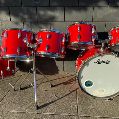 Huge Sounding Ludwig Blue & Olive Badge 6-Piece 1970’s Drum Set - Cherry Red image 2