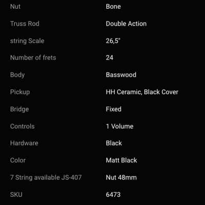 Jet Guitars JS-407 7 String Electric Guitar in Matt Black image 4