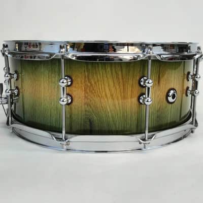 HHG drums 14x5.5 White Oak Stave snare drum, Natural to Green Burst image 6