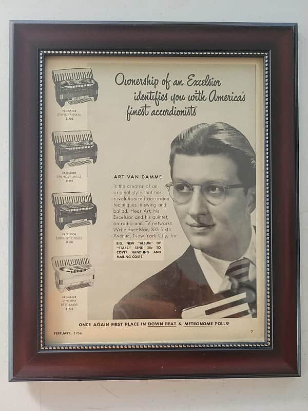 1956 Excelsior Accordions Promotional Ad Framed Art Van Damme Excelsior Symphony Grand, Artist, Console & Baby Grand Accordions Original image 1