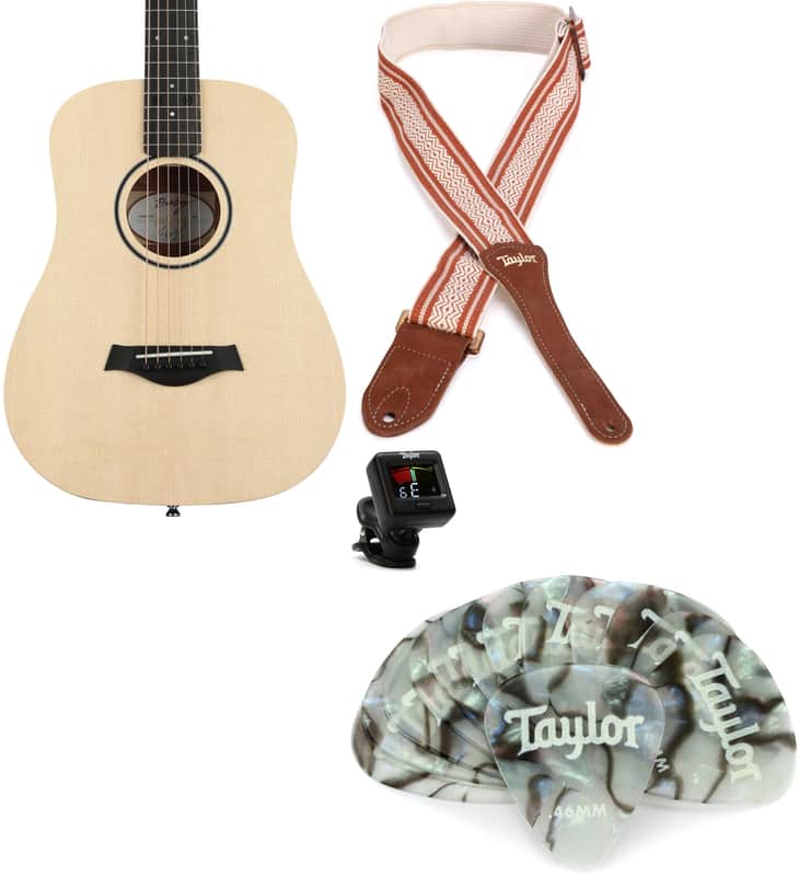 Taylor Baby Taylor BT1 Walnut Acoustic Guitar - Natural Sitka Spruce  Bundle with Taylor Jacquard Cotton 2" Guitar Strap - White/Brown... (4 Items) image 1