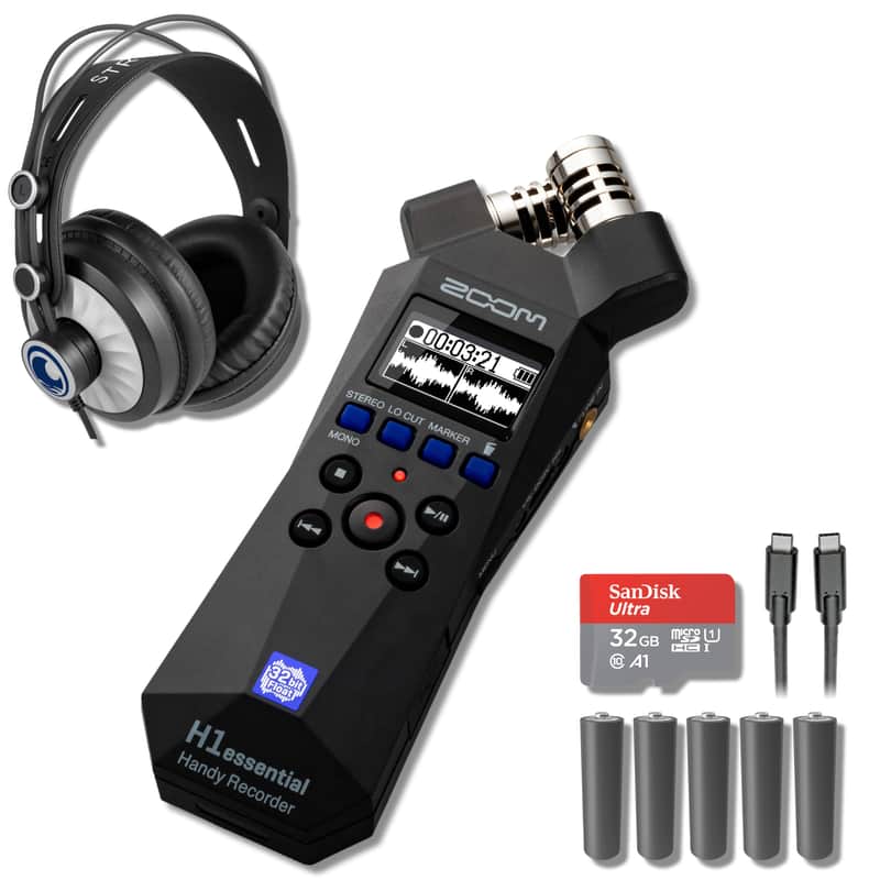 Zoom H1essential 2-Track 32-Bit Float Portable Audio Recorder with StreamEye Cans50 Professional Headphones, 5 AAA Batteries, USB-C to USB-C Cable and 32GB microSD Card image 1