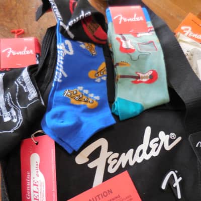 Official FENDER Gig Bag w/ MONSTER FENDER Mojo Lot 1960's-2025, Strap, Manuals, Tags, Sticker, Strings, 4 pairs FENDER SOCKS, MORE!! image 11
