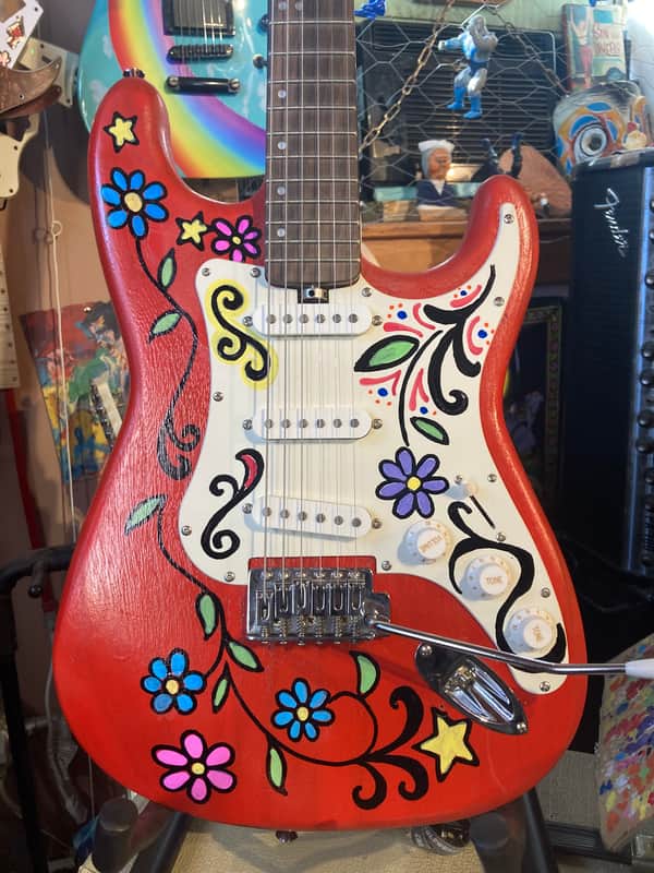 Lyon by Washburn By Washburn Strat Style Hendrix Inspired 2000s? - Handpainted Hippie Floral image 1