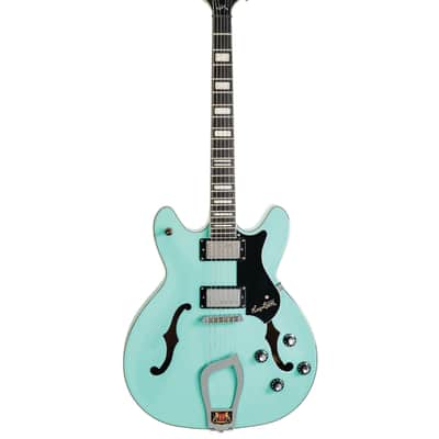 Mint Hagstrom Viking Semi-Hollow Guitar, Resinator Fretboard, Aged Sky Blue VIK-ABE-U image 1
