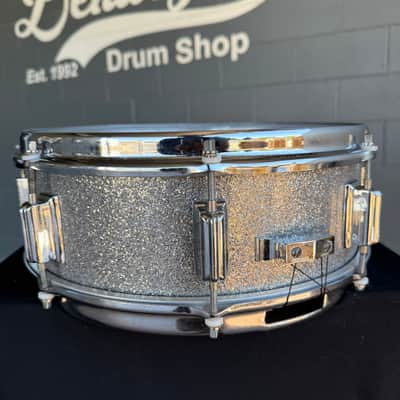 Vintage 60's Rogers Powertone 5x14 Snare Drum in Silver Sparkle with Slingerland Stick Saver Hoops (Rm4) image 4