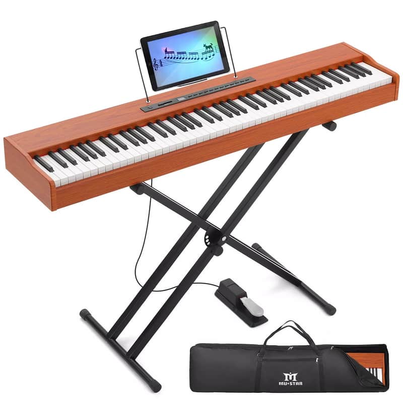 88-Key Full Size Semi-Weighted Digital Piano in Brown with Pedal, Stand, and Storage Bag image 1